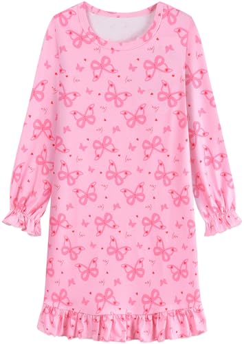 EULLA Mädchen Nachthemd Langarm Kinder Nachtkleid mit Niedlichen Schmetterling Prints Rosa Schlafanzug Kleid Herbst Winter Baumwolle Nightdress für Mädchen Gr.128 von EULLA