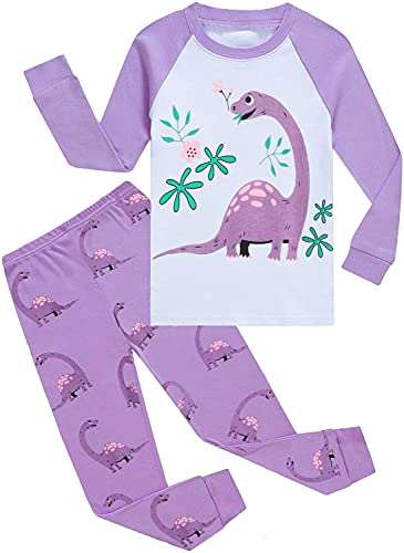 EULLA Mädchen Schlafanzug Baumwolle Langarm Kleinkind Kinder 2-teiliges Pyjama-Set Einhorn Dinosaurier Nachtwäsche Geschenk Weihnachten Geburtstag Outfit Alter 1-7 Jahre, 1# Dinosaurier lila von EULLA
