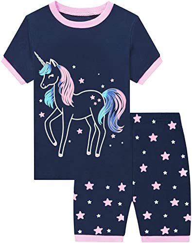 EULLA Mädchen Schlafanzug Kurz Glow in The Dark Einhorn Shorty Pyjama Set Kinder Sommer Zweiteiliger Nachtwäsche Baumwolle Größe 4 Jahre alt 1# Dunkelblau Glow in The Dark Einhorn DE 104 von EULLA