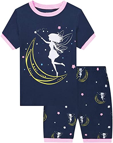 EULLA Mädchen Schlafanzug Kurz Glow in The Dark Prinzessin Shorty Pyjama Set Kinder Sommer Zweiteiliger Nachtwäsche Baumwolle Größe 6 Jahre alt 2# Dunkelblau Glow in The Dark Prinzessin DE 116 von EULLA