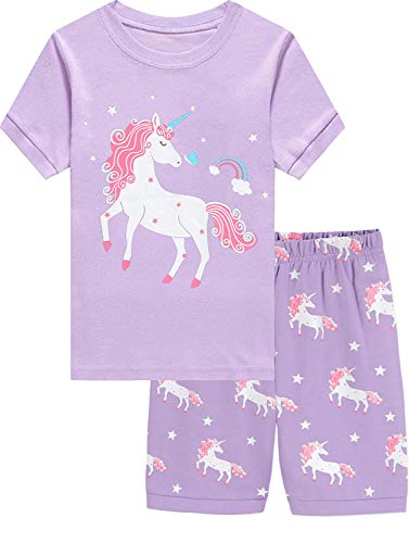 EULLA Kinder Schlafanzug Mädchen Kurz Sommer Pyjamas Set Einhorn Shorty Zweiteilig Nachtwäsche Baumwolle Größe 4 Jahre alt 3# Lila Einhorn DE 104 von EULLA