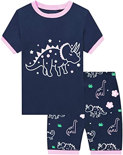 EULLA Kinder Schlafanzug Mädchen Kurz Sommer Pyjamas Set Dinosaurier Shorty Zweiteilig Nachtwäsche Baumwolle Größe 2 Jahre alt 2# Dunkelblau Glow in The Dark Dinosaurier DE 92 von EULLA