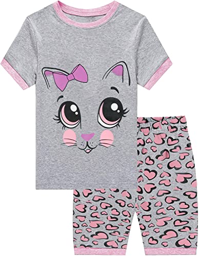 EULLA Kinder Schlafanzug Mädchen Kurz Sommer Pyjamas Set Katze Shorty Zweiteilig Nachtwäsche Baumwolle Größe 7 Jahre alt 7# Grau Katze DE 122 von EULLA