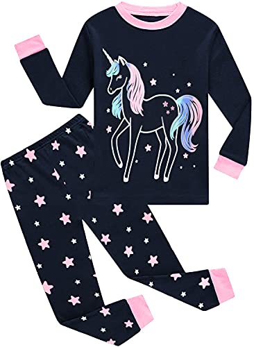 EULLA Kinder Mädchen Schlafanzüge Langarm Baumwolle Winter Pyjama Set Glow in The Dark Einhorn Zweiteilig Nachtwäsche 92 98 104 110 116 122 128 134 140 A-dunkelblau Glow in The Dark Einhorn DE 128 von EULLA