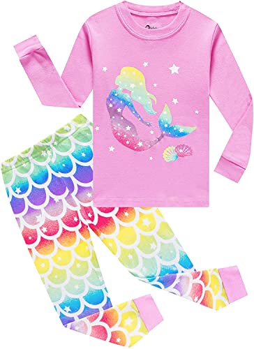 EULLA Kinder Schlafanzüge Mädchen Langarm Winter Pyjama Set Baumwolle Meerjungfrau Zweiteilig Nachtwäsche 7 Jahre alt 92 98 104 110 116 122 A-Rosa Meerjungfrau DE 122 von EULLA