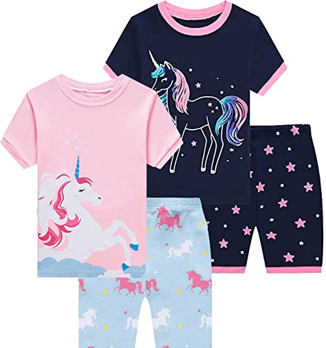 EULLA Kinder Schlafanzug Mädchen Kurz Sommer Pyjamas Set Glow in The Dark Einhorn Shorty Zweiteilig Nachtwäsche Baumwolle Größe 5 Jahre alt 9-2# Doppelpack Glow in The Dark Einhorn Set DE 110 von EULLA