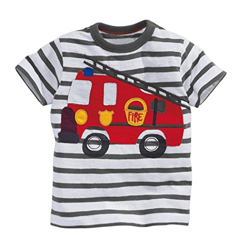 Tarkis Kinder T-Shirt Baumwolle Streifen Feuer Cartoon Auto Muster Jungen Mädchen Kurzarm Oberteil Pullover Größe (92(Herstellergröße 1Y), 1-Feuerwehrauto) von EULLA