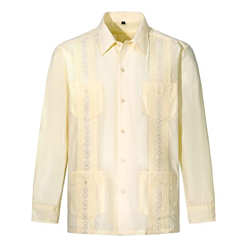 EUMAYA Herren Langarm Guayabera Shirts Cuban Shirts, Cremig, XXL von EUMAYA
