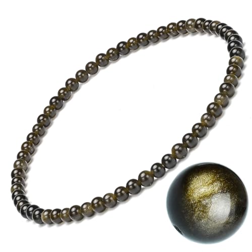 Damen-Naturstein-Armband, Turmalin, Tigerauge, Obsidian,Achat-Kristallstein-Armband,QUALITÄT A, 7,2 Zoll, 4/6/8 MM, (Gold-Obsidian-Armband，4MM) von EUMENIDES