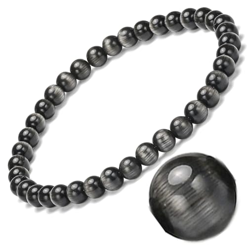 EUMENIDES Damen-Naturstein-Armband, Turmalin, Tigerauge, Obsidian,Achat-Kristallstein-Armband,QUALITÄT A, 7,2 Zoll, 4/6MM, (Schwarzes Katzenaugen-Armband，5MM) von EUMENIDES