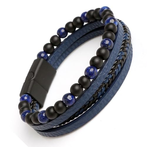 EUMENIDES Lederarmband für Männer, Titanstahl, Tigerauge Stein|Obsidian |Vulkanstein|Terrazzo Leder Armband (8,3 Zoll, Blauer Tigerauge Stein, 21CM) von EUMENIDES