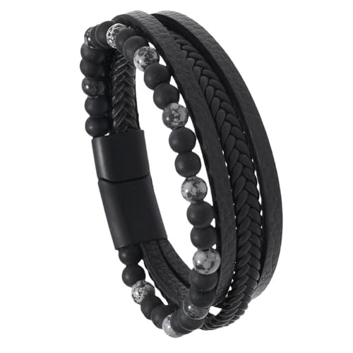 EUMENIDES Lederarmband für Männer, Titanstahl, Tigerauge Stein|Obsidian |Vulkanstein|Terrazzo Leder Armband (8,3 Zoll, Snowflake, 21CM) von EUMENIDES