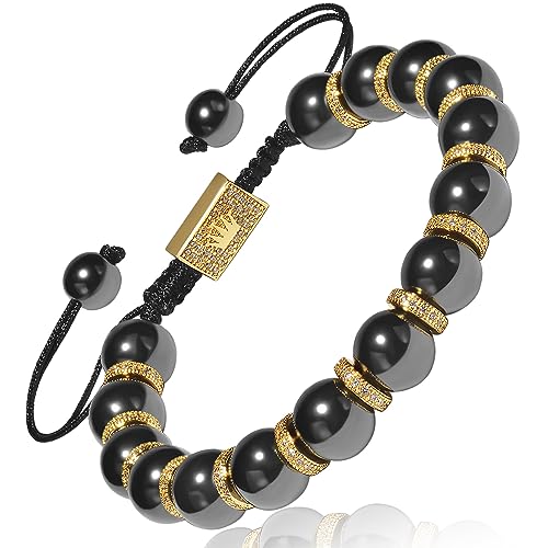 EUMENIDES Hämatit Magnetarmband,18K Gold Magnetarmband,Magnetische Hämatit Armbänder mit 18K Goldperlen，Beseitigen Sie statische Elektrizität (Gold,10MM) von EUMENIDES