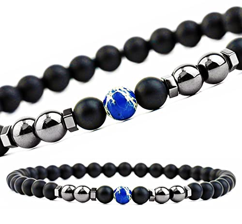 EUMENIDES Magnetisches Fußkettchen aus mattiertem Stein, 24 cm Länge, 6 mm, 2 Packungen, natürlicher mattierter Stein, verbessert den Schlaf, (blauer Kiefernstein + Magnet) von EUMENIDES
