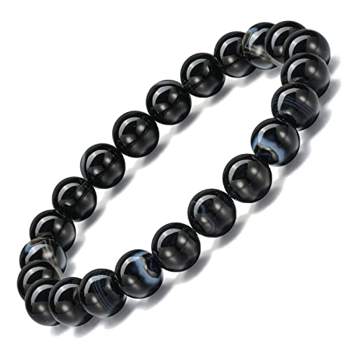EUMENIDES Schwarzes Armband, Reines Schwarzes Obsidianarmband.Rein Und UnverfäLscht.4/6/8/10/12MM (Schwarzes gestreiftes Steinarmband,10MM) von EUMENIDES