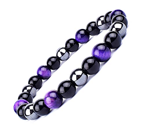 Tigerauge Armband, Tigerauge und Obsidian Magnetarmband, QUALITÄT DER KLASSE A，6/8/10MM，Sonnenschein, Selbstbewusstsein, Angstlösen (Lila Tigerauge-Armband(KLASSE A)，10MM,7,85 Zoll) von EUMENIDES