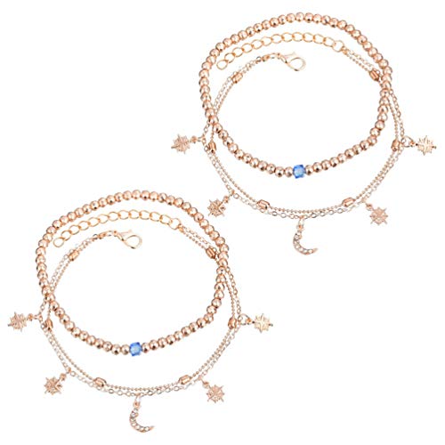 EUOUSU Pendant 4PCS Multi Layer Fußkettchen Mond Stern Perlen Handgefertigte Fußkettchen Fußschmuck Geschenke für Frauen Mädchen Schmuckherstellung von EUOUSU