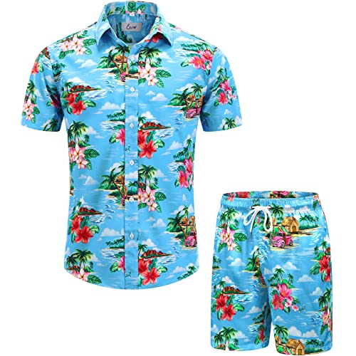 EUOW Hawaii-Hemden und Shorts für Herren, 2 Stück, Knopfleiste, Kurzarm, Strandurlaub, Outfits, Hawaiian-hellblau, Large von EUOW