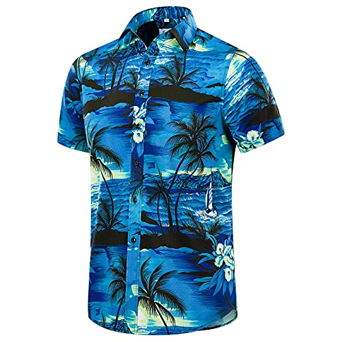 EUOW Hawaiihemd Herren Kurzarm Bedruckt Button Down Sommer Strandkleid Hemden, Cyanblau, XL von EUOW