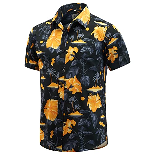 EUOW Hawaiihemd Herren Kurzarm Bedruckt Button Down Sommer Strandkleid Hemden, Gelb, Blumen, XL von EUOW