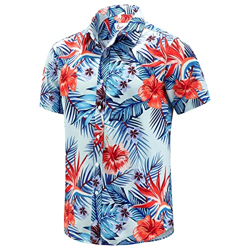 EUOW Hawaiihemd Herren Kurzarm Bedruckt Button Down Sommer Strandkleid Hemden, Hawaiianische Blume, L von EUOW