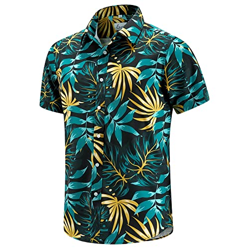 EUOW Hawaiihemd Herren Kurzarm Bedruckt Button Down Sommer Strandkleid Hemden, Hawaiianisches Blatt, L von EUOW