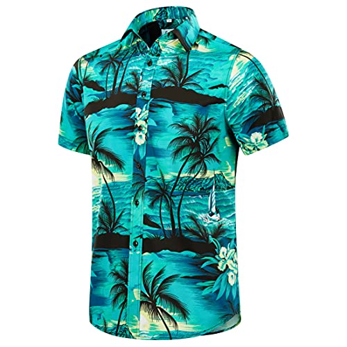 EUOW Hawaiihemd Herren Kurzarm Bedruckt Button Down Sommer Strandkleid Hemden, Multicolor-Blau, XL von EUOW