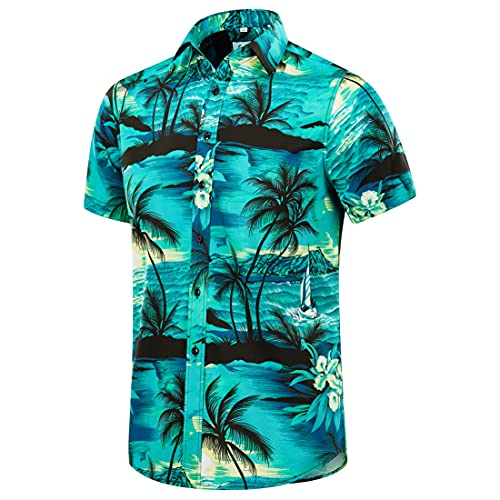 EUOW Hawaiihemd Herren Kurzarm Bedruckt Button Down Sommer Strandkleid Hemden, Multicolor-Blau, XX-Large von EUOW