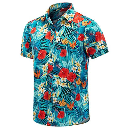 EUOW Hawaiihemd Herren Kurzarm Bedruckt Button Down Sommer Strandkleid Hemden, Red Flower, XL von EUOW