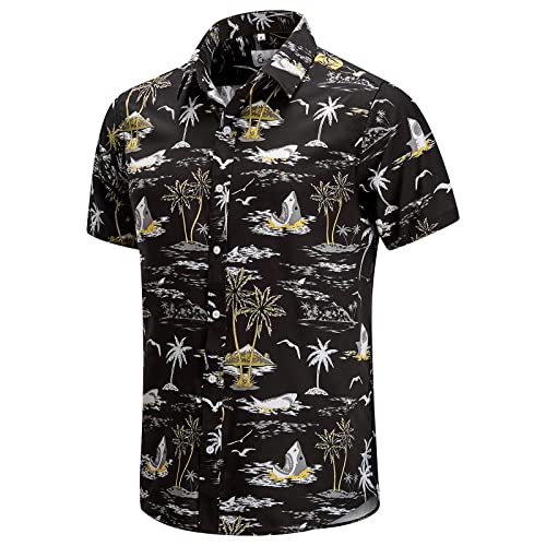 EUOW Hawaiihemd Herren Kurzarm Bedruckt Button Down Sommer Strandkleid Hemden, Schwarz, XL von EUOW