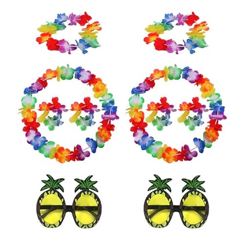 EUPSIIU 10 Stück Hawaii Kostüm Set, Ananas Brille, Armbänder, Halskette, mit Blume Armbänder Stirnband Halskette für Party FeierKostüm Fancy Dress und Tropical Beach für Unisex (Bunt) von EUPSIIU