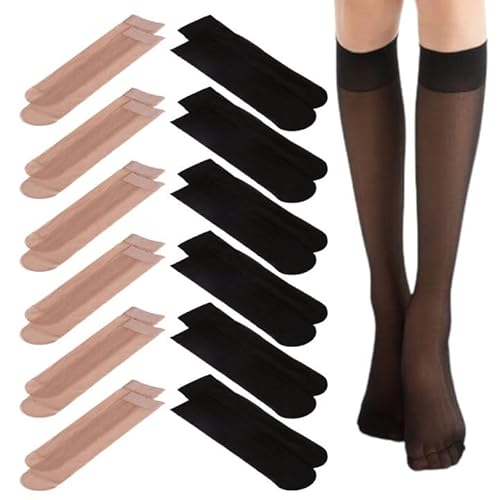 EUPSIIU 12 Paar Nylon Kniestrümpfe Damen Einheitsgröße, Kniestrümpfe Damen Knee High Socks,ylonstrümpfe damen,Overknee Strümpfe Strumpfhosen,Stützkniestrümpfe,Hautfarbe, Schwarz (12 Paare) von EUPSIIU