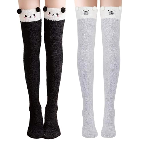 EUPSIIU 2 Paar Damen Lange Socken, Frauen Kniestrümpfe Warme Flauschige Socken Oberschenkelhohe Socken, Korallen Fleece Oberschenkel Hohe Socken, Kuschel Overknee Strümpfe für Winter (Baumwolle, L) von EUPSIIU