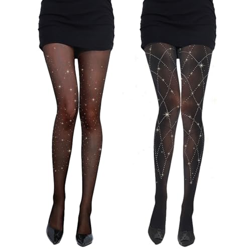 EUPSIIU 2 Paar Funkelnd Hoch Taille Strumpfhose Glänzend Strass Schwarz Fischnetz Strumpf Damen Funkeln Strass Netzstrumpfhose,Fischernetz Strumpfhosen mit Hoher Taille,glitzer leggings (Schwarz) von EUPSIIU