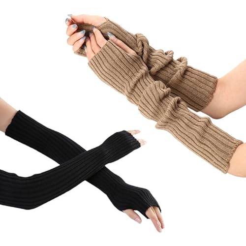 EUPSIIU 2 Paar Halb Fingerlose Handschuhe, Winter Armstulpen, Stricken Pulswärmer Wolle Damen, Handwärmer Sporthandschuhe (Schwarz, Khaki) von EUPSIIU