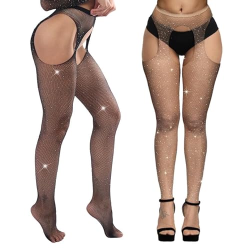 EUPSIIU 2 Paar Prickelnde Strass-Netzstrümpfe Damen Netzstrumpfhose mit Hoher Taille Netzstrumpfhose Strass Fishnet Stockings Hohe Taille Netzstrumpfhose Glitzer Strumpfhose für Partys von EUPSIIU