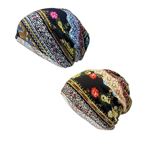 EUPSIIU 2 Stück Cotton Kopftuch Mütze Seide gefütterte Mütze Ethnic Cloth Turban Cap für Frauen,Damen Baumwolle Elastisch Slouchy Beanie Hut Blumen Kappe Schal,Superweicher Turban (2 Stück) von EUPSIIU