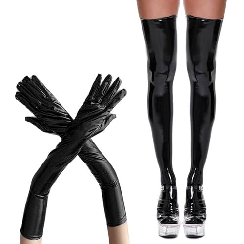 EUPSIIU 2 Stück Damen Tanz Verkleidung, Damen Handschuhe Lang Hohe Strümpfe, Elastische Spandex Glänzend Nass Lange Handschuhe und Oberschenkel Hohe Strümpfe, Halloween Faschingskostüme (Schwarz) von EUPSIIU