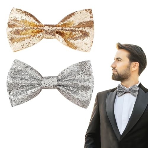 EUPSIIU 2 Stück Fliege mit Pailletten, Glitzer Fliege, Party Fliege Bowtie, Accessoire Disco Party, Silber Goldene Fliege Herren, Karneval Zubehör Accessoire für Erwachsene Einheitsgröße von EUPSIIU