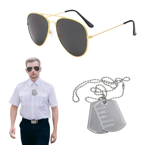 EUPSIIU 2 Stück Flieger Captain Kostüm für Männer Damen Armee Taktische Militärmütze Accessoires Sonnenbrille Erkennungsmarke Armee Captain Fancy Dress für Zubehör Halloween Kostüm Dress up (2PCS) von EUPSIIU