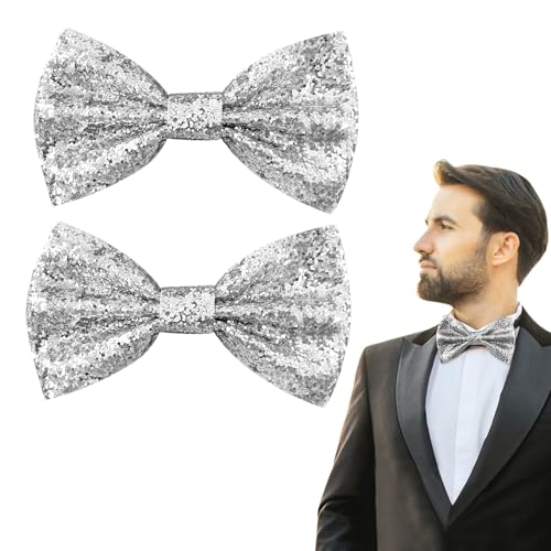 EUPSIIU 2 Stück Glitzer Fliege, Glitzernde Vorgebundene Fliege, Fliege mit Pailletten, Pailletten Fliege für Damen und Herren für Männer Junggesellenabschied Party Karneval Weihnachten (Silber) von EUPSIIU