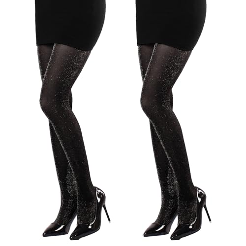 EUPSIIU 2 Stück Metallisch Strumpfhosen 40 Denier Glitter Frauen Sparkly Hohe Taille Fischnetz Strumpfhose Glitzer Strümpfe Fishnet Stockings, Einheitsgröße, Schwarz High WAIS (Schwarz) von EUPSIIU