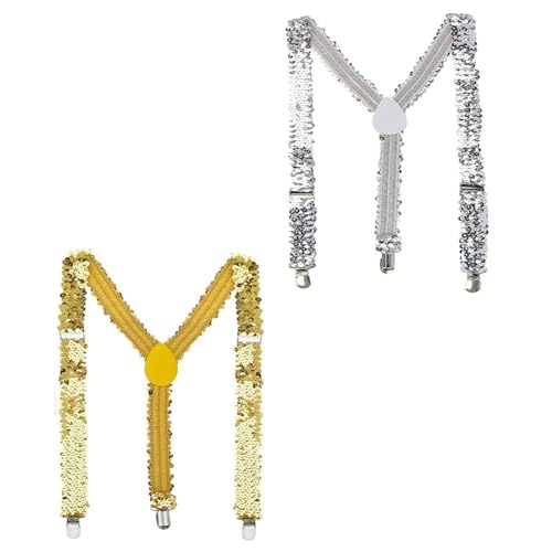 EUPSIIU 2 Stück Pailletten Hosenträger, Glitzer Junggesellenabschied Hosenträger Accessoires für Damen Herren Hosenträger mit Metallclips, Pailletten Kostüm für Disco Fasching Dance Performance von EUPSIIU