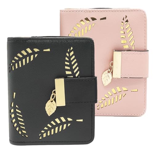 EUPSIIU 2 Stück Portemonnaie Damen, Leaf Bifold Coin Purse Kartenhalter Geldbörsen, Geldbörse im Kurzformat, Portemonnaie Damen mit Druckknopf und Reißverschluss und viele Fächer (Schwarz, Rosa) von EUPSIIU