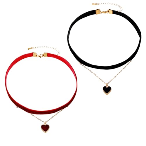 EUPSIIU 2 Stück Samt Halskette, Gothic Choker Halskette, Trachten-Samt-Kropfband, Gothic Choker Halskette, Nostalgische Trachtenkette Enganliegend für Frauen Und Mädchen Geschenke (Schwarz, Rot) von EUPSIIU