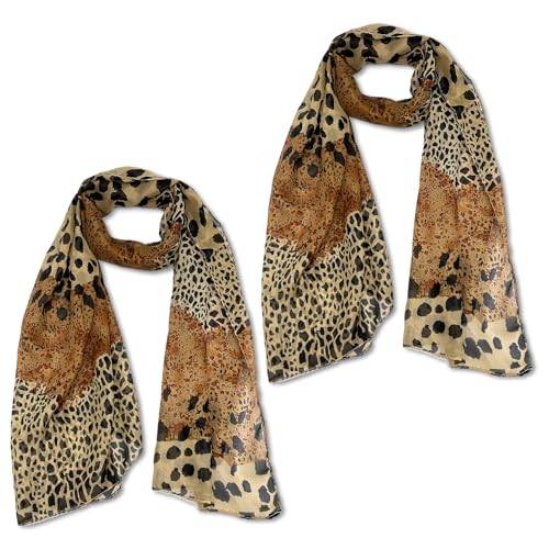 EUPSIIU 2 Stücke Chiffon Seiden Tuch Damen, Damen Schal Stola Halstuch Tuch aus Chiffon, Seidenschal Halstuch und Chiffon Stola, Soft Leopard Print Scarves, Elegante Schals für Ganzjährig (Braun) von EUPSIIU