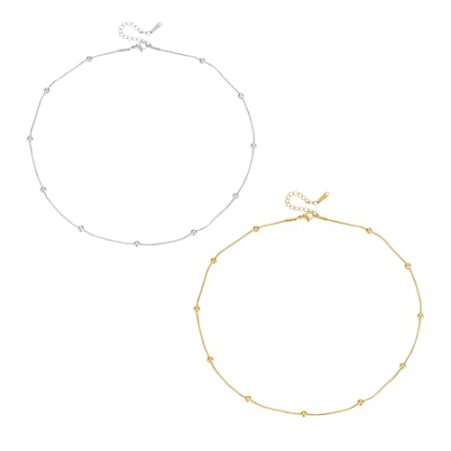 EUPSIIU 2 Stücke Choker Kette Damen, Feine Kugelkette Halskette, Damen Perle Halskette, Satelliten Korn Choker Kette, Verstellbarer Modeschmuck Kette, für Frauen Mädchen von EUPSIIU