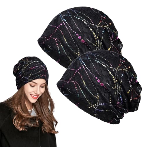 EUPSIIU 2 Stücke Mütze Damen, Slouch Beanie Mütze, Chemo Hüte, Soft Caps, Krebs Kopfbedeckungen, Jersey Mütze, Weich Slouch Beanie, Elastisch Mütze, für Alle Jahreszeiten (Schwarz, Einheitsgröße) von EUPSIIU