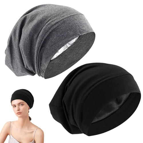 EUPSIIU 2 Stücke Mütze Herren Damen, Slouch Beanie Mütze, Baumwolle Mütze, Dünne Leichte Mütze, Weich Chemo Mütze, Winddicht Jersey Chemo Mütze, für Alle Jahreszeiten (Schwarz, Grau, Einheitsgröße) von EUPSIIU