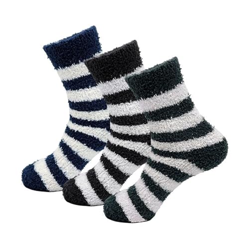 EUPSIIU 3 Paar flauschige Herrensocken dicke gemütliche Socken, Geschenke für Männer,flauschige Socken,lastisch,Dicke Kuschelsocken Weiche Komfortable Winter Herren Socken,chlafsocken (Streifen) von EUPSIIU